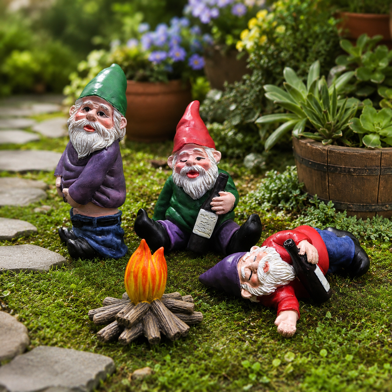 Funny drunk gnome figurines displayed in backyard garden