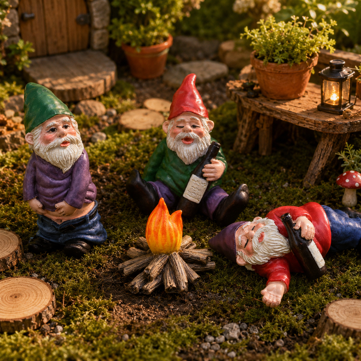 Tipsy garden gnome campfire scene at golden hour