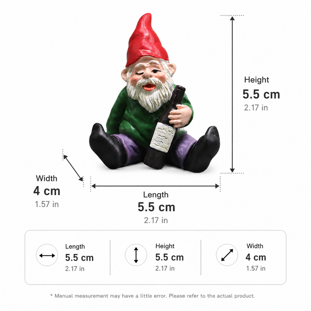 Tipsy garden gnome figurine size guide