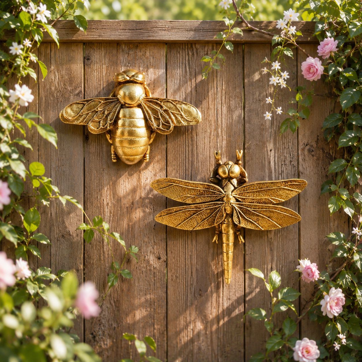 Golden Bee and Dragonfly Wall Decor displayed together on a garden fence