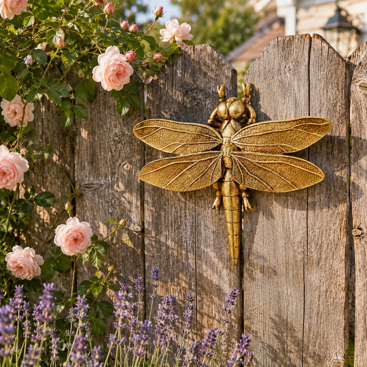 Golden Dragonfly Wall Decor displayed on a garden fence with roses