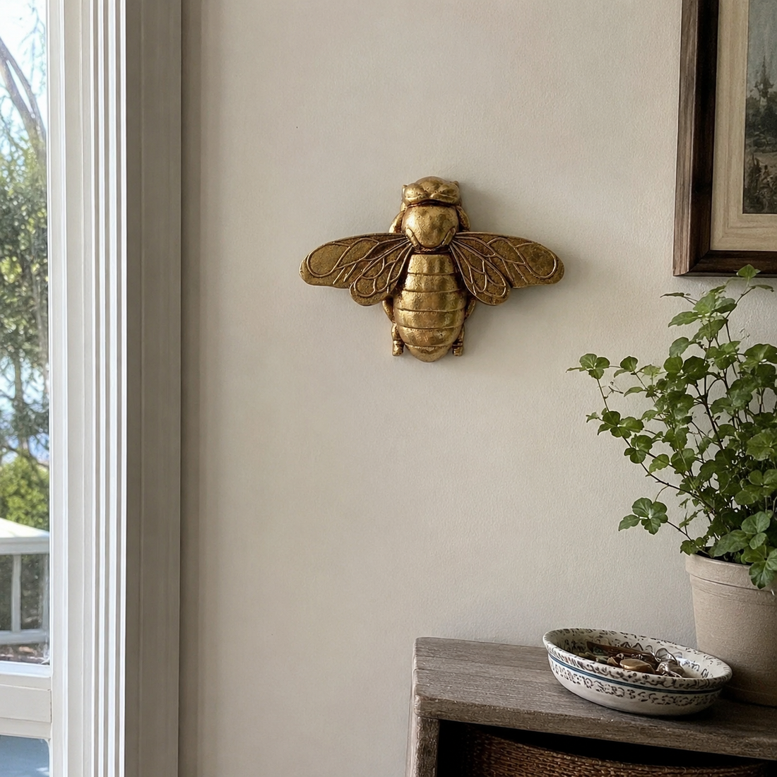 Golden Bee wall ornament shown in a natural home setting