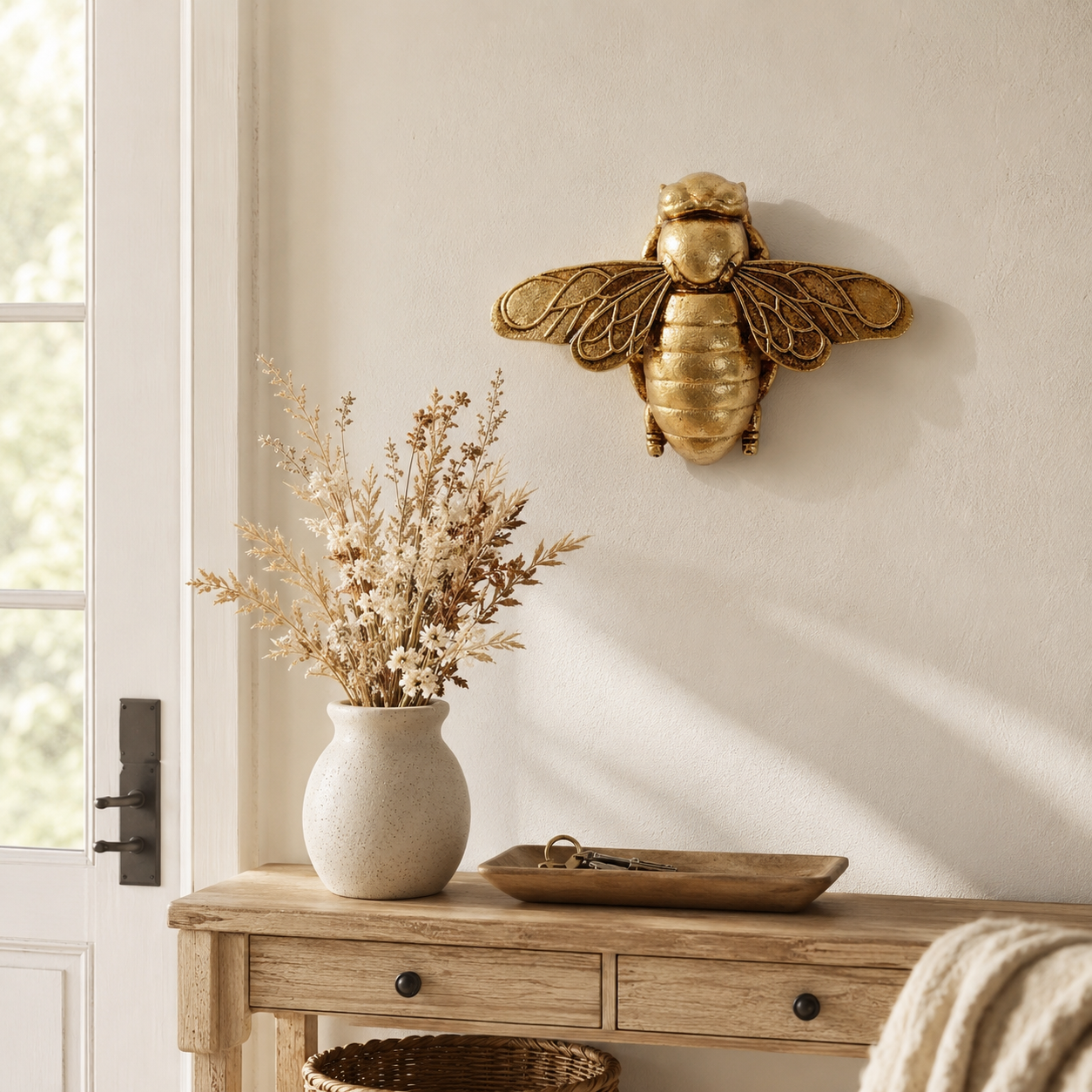 Golden Bee Wall Decor styled above a wooden entryway console