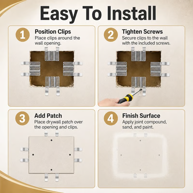 Four step drywall repair clip installation