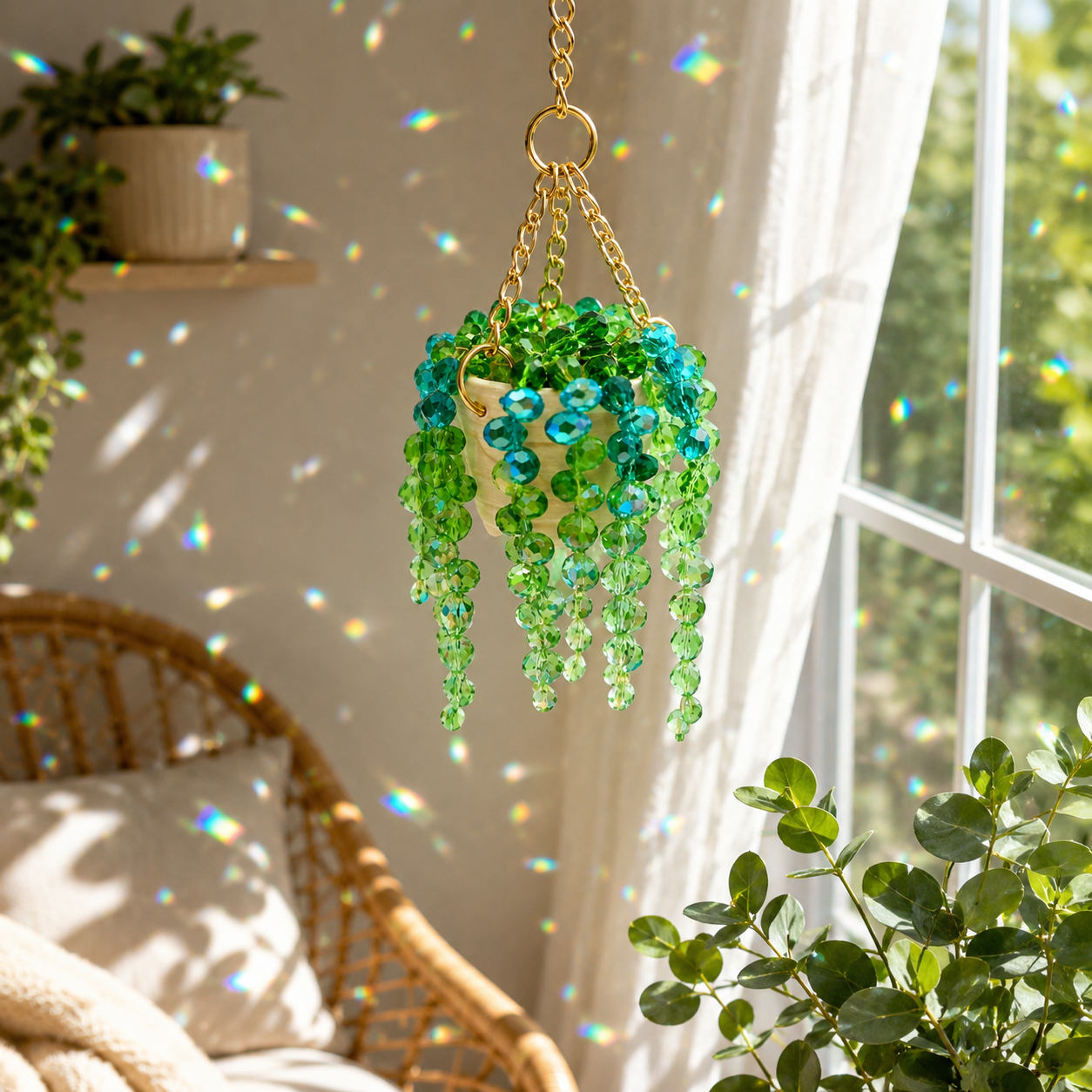 DIY beaded plant suncatcher hanging beside a sunny window
