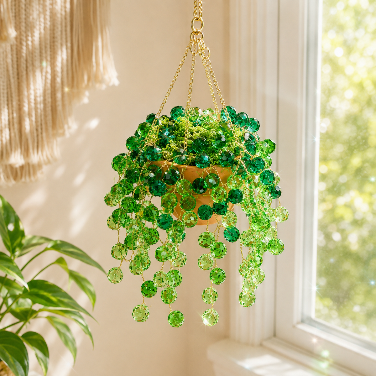 Finished emerald green glass beaded hanging plant suncatcher