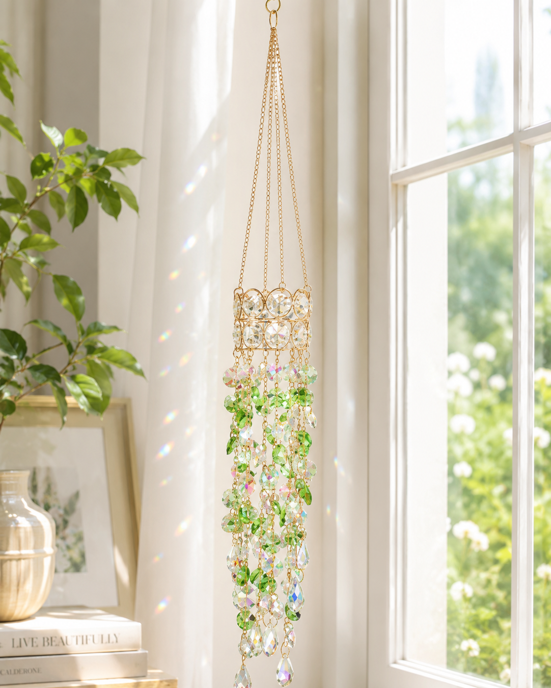 Green crystal flower suncatcher hanging beside window