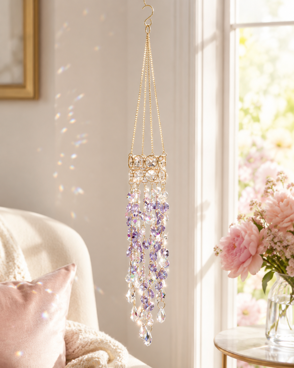 Purple crystal flower suncatcher beside soft pink flowers