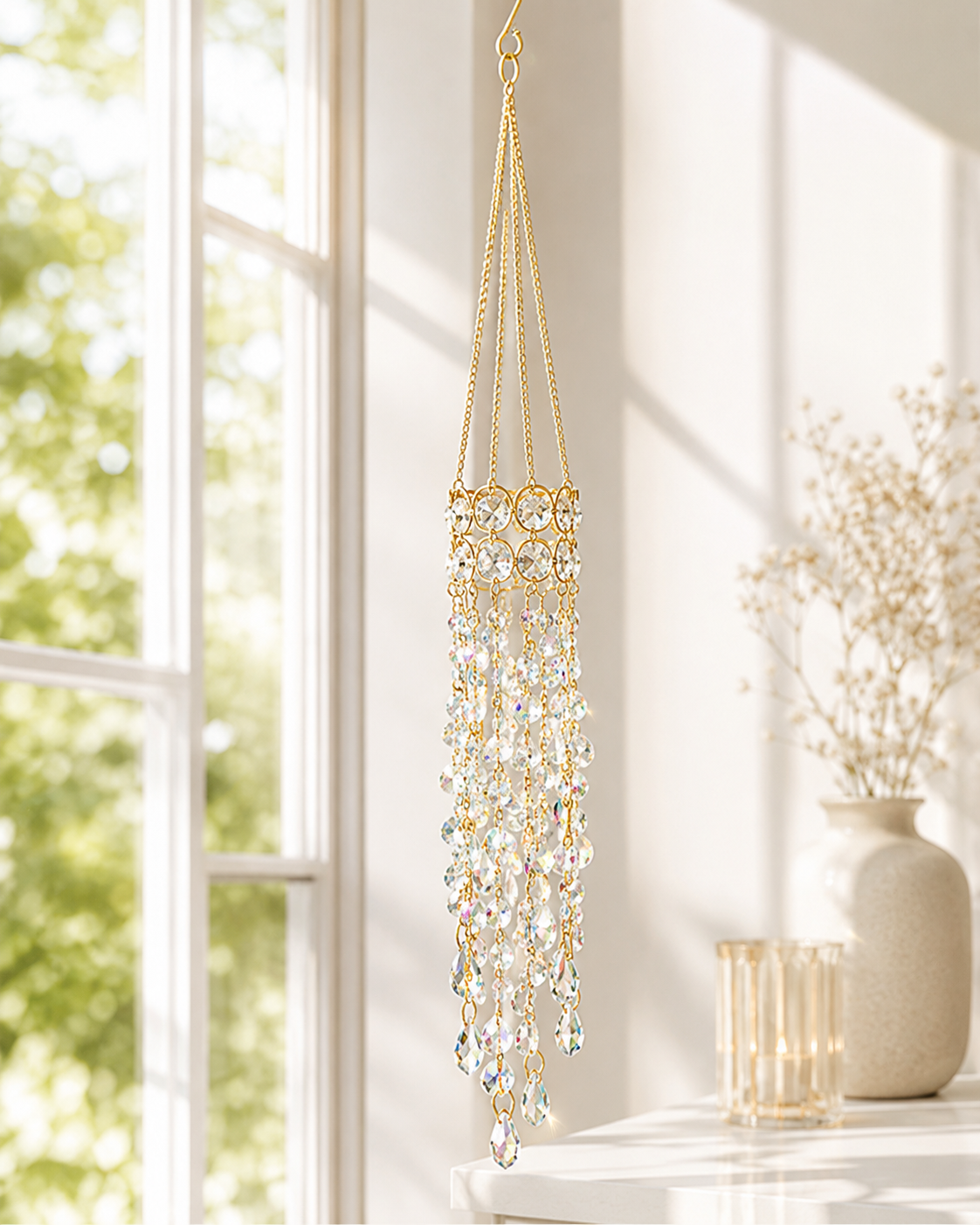 Crystal Flower Suncatcher 🌸✨ – Handmade Window Hanging with Silver Floral Design