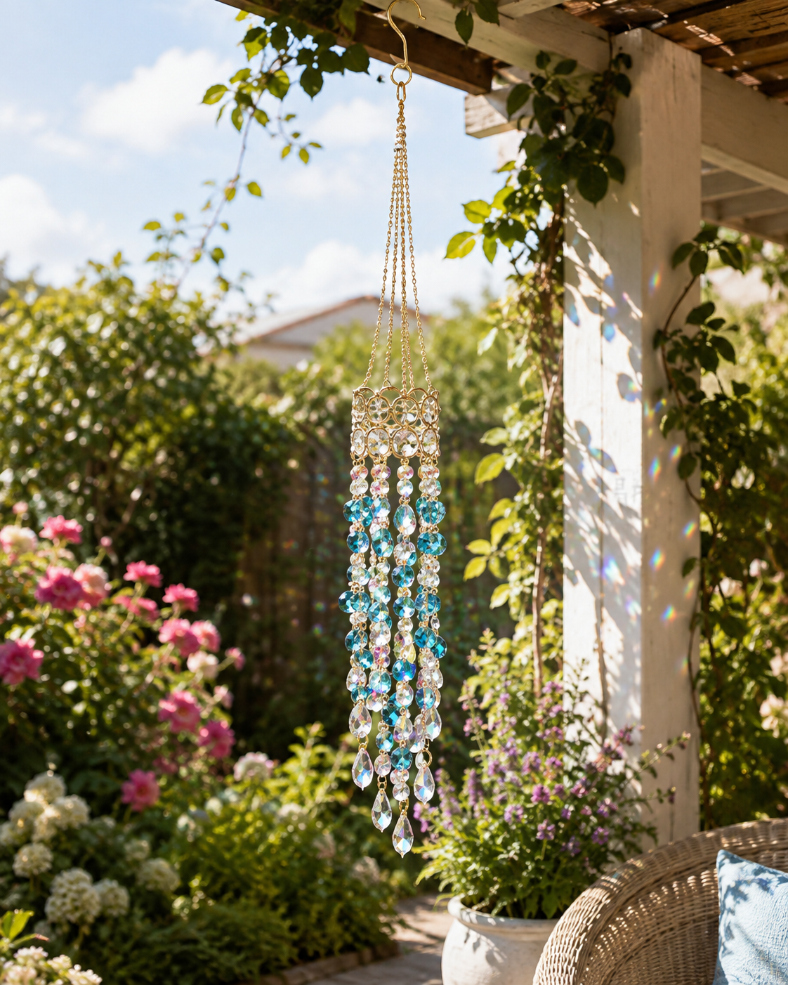 Blue crystal suncatcher hanging in sunny American garden patio
