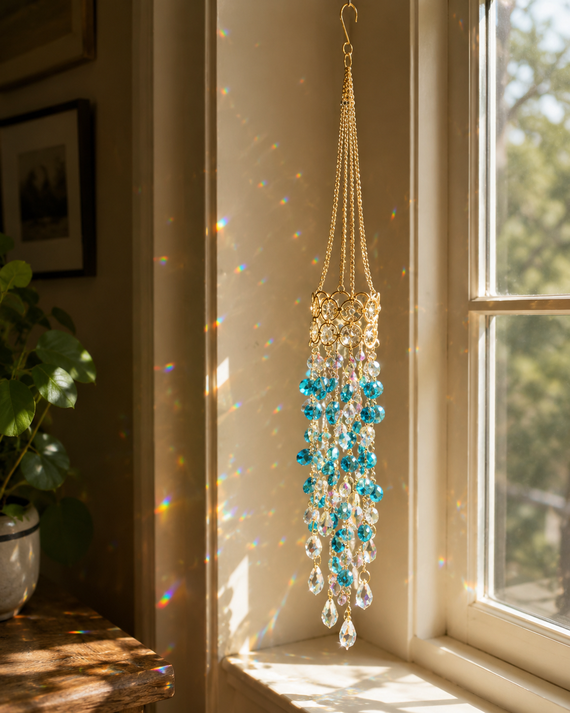 Blue crystal flower suncatcher creating rainbow reflections beside a window