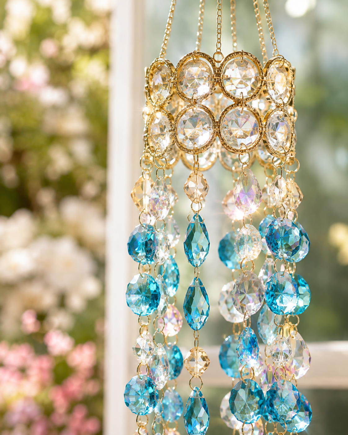 Close up details of blue crystal suncatcher
