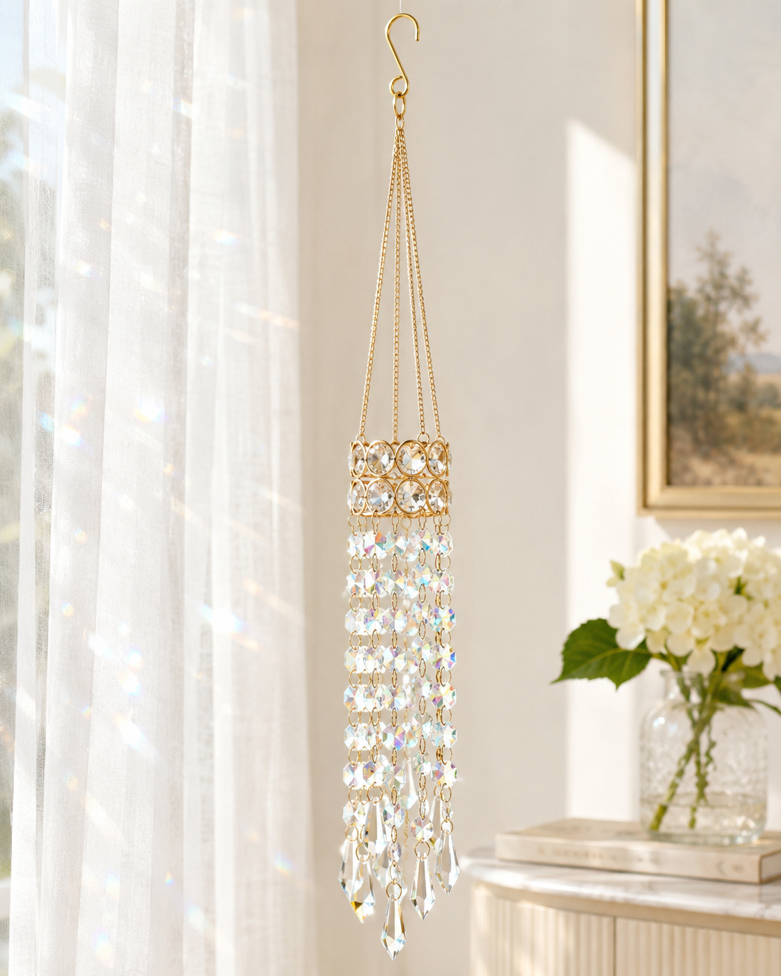 Crystal Flower Suncatcher 🌸✨ – Handmade Window Hanging with Silver Floral Design
