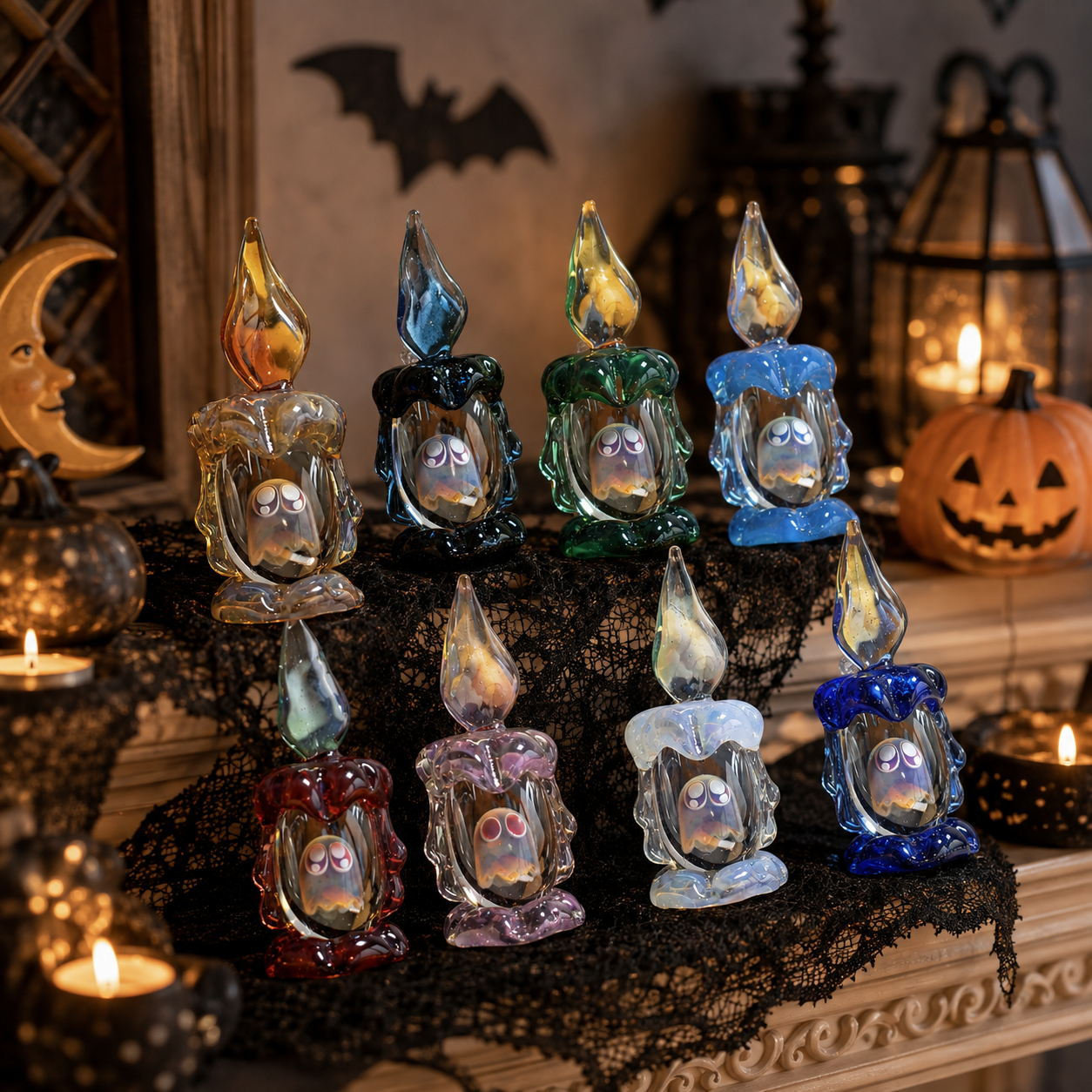 Ghost candle figurines displayed on Halloween fireplace mantel