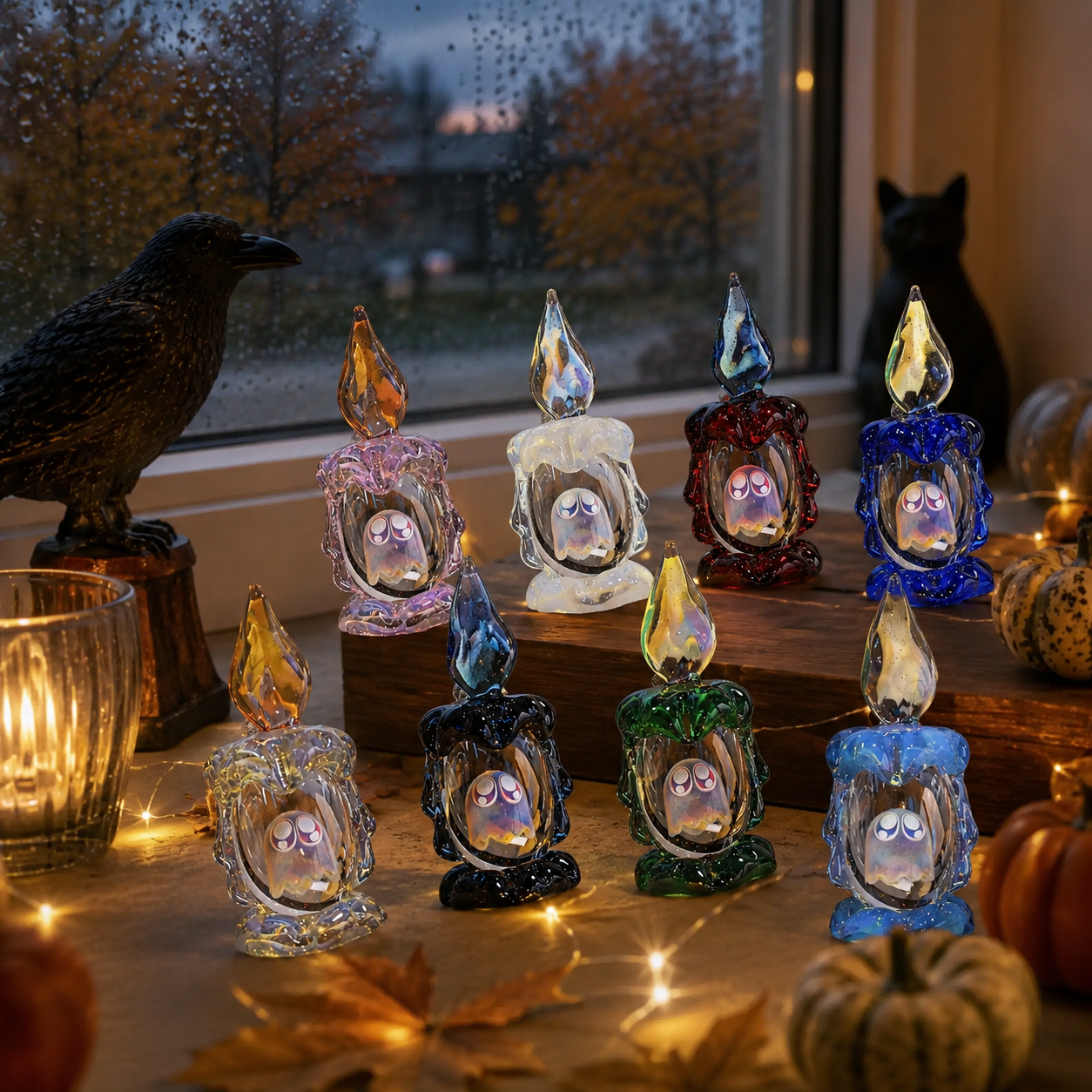 Ghost candle figurines in cozy rainy autumn Halloween window display