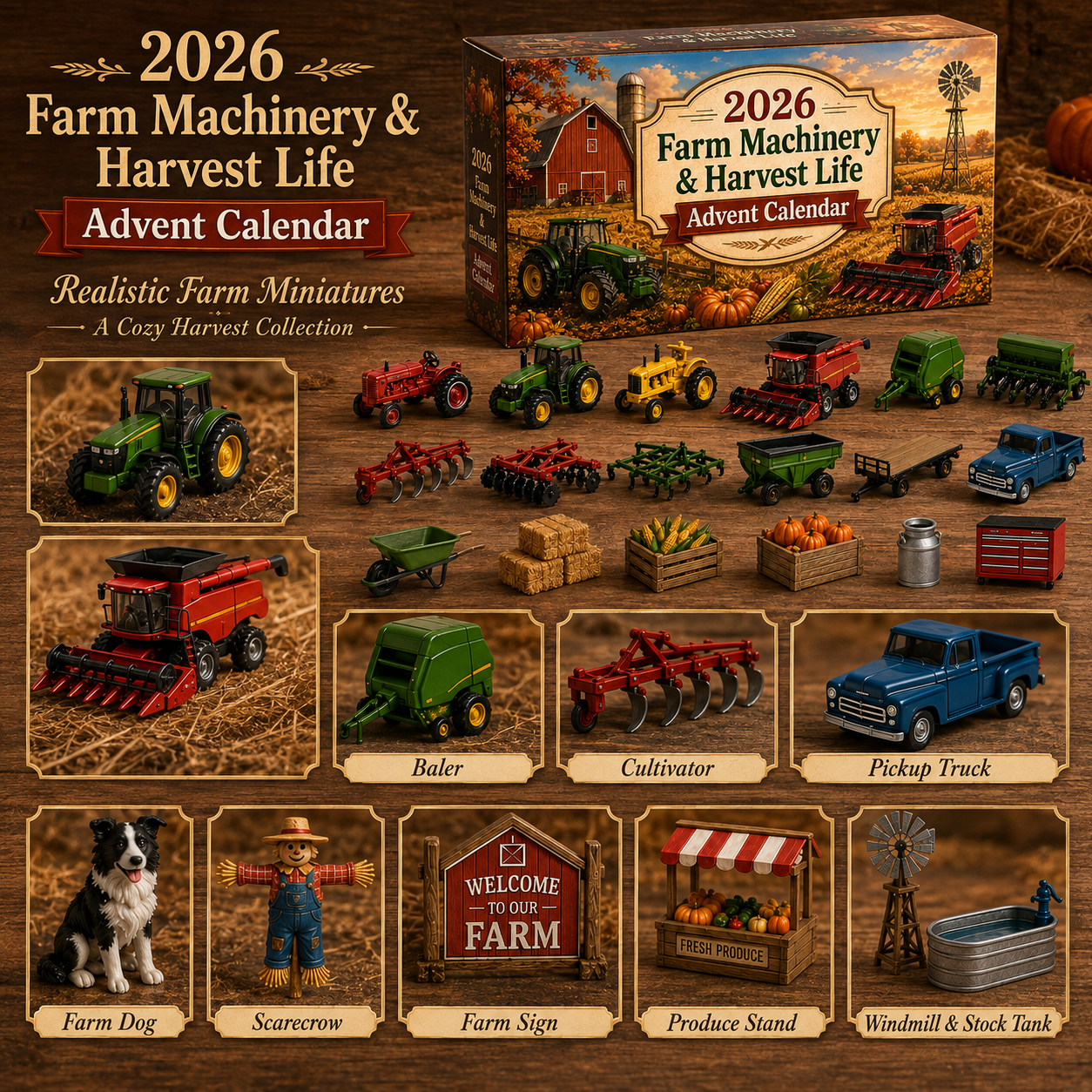 Detailed miniature tractors harvesters farm machines and farm accessories