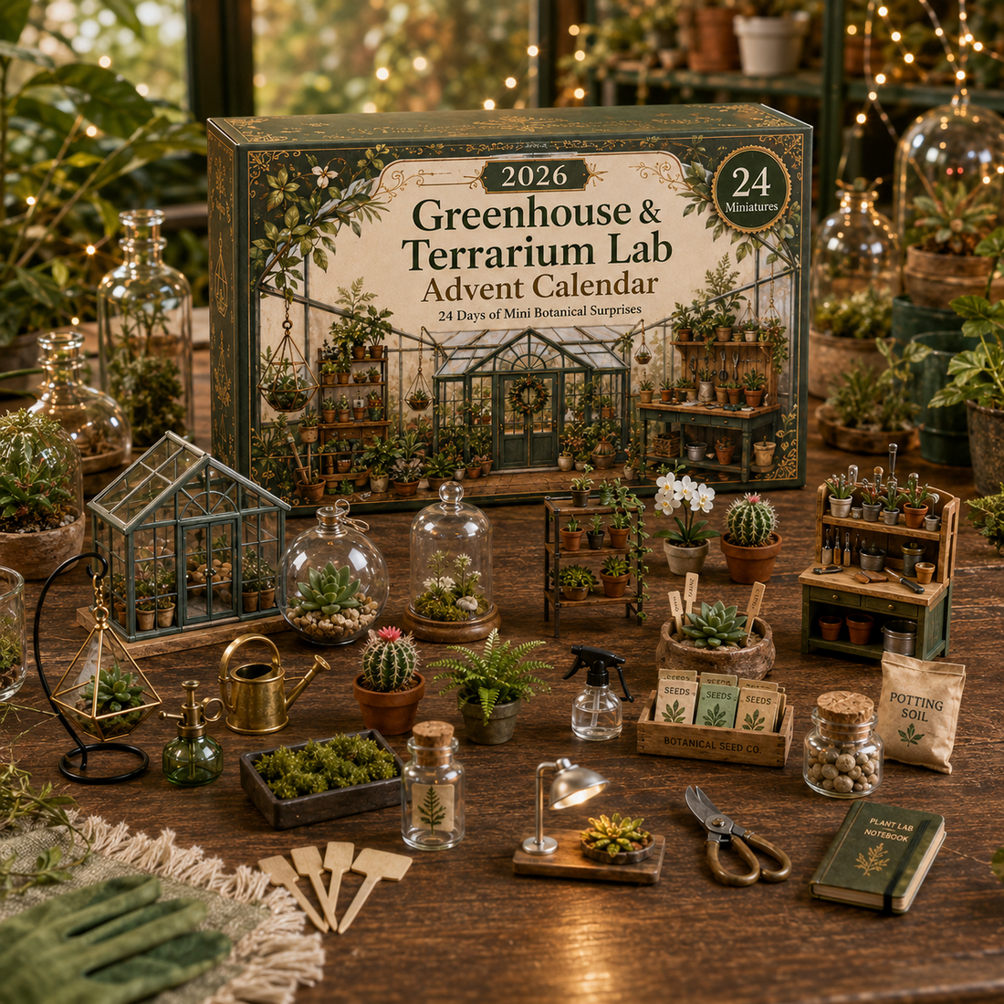 Mini greenhouse collection with terrariums plants and botanical tools