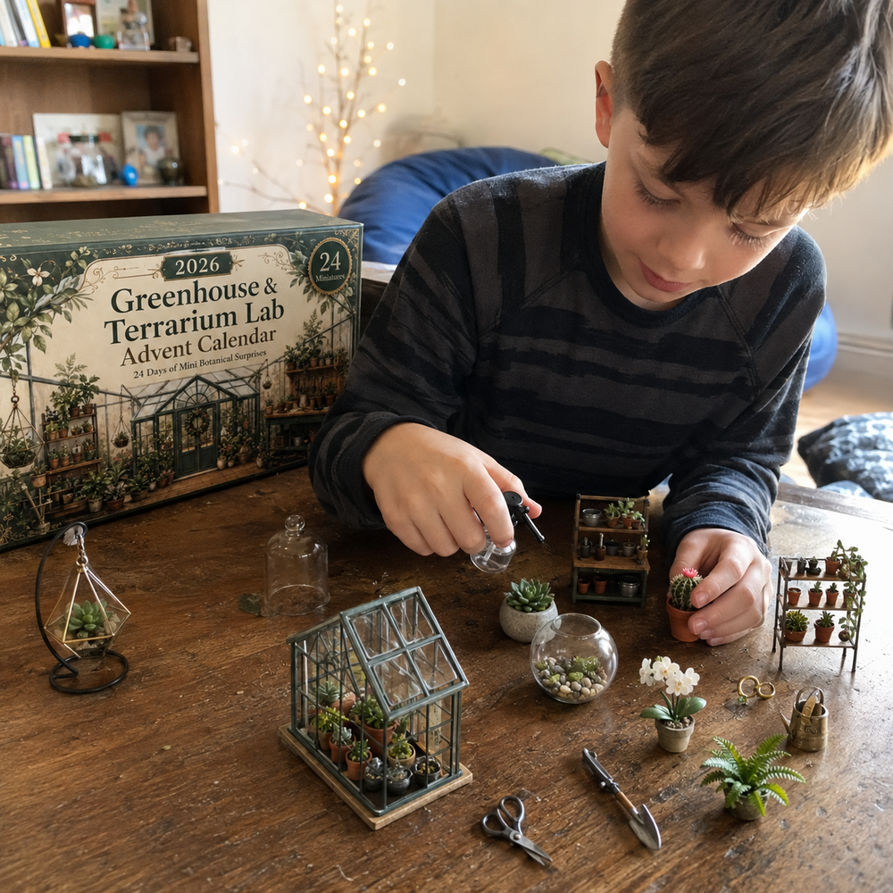 Boy arranging plants terrariums and miniature greenhouse accessories