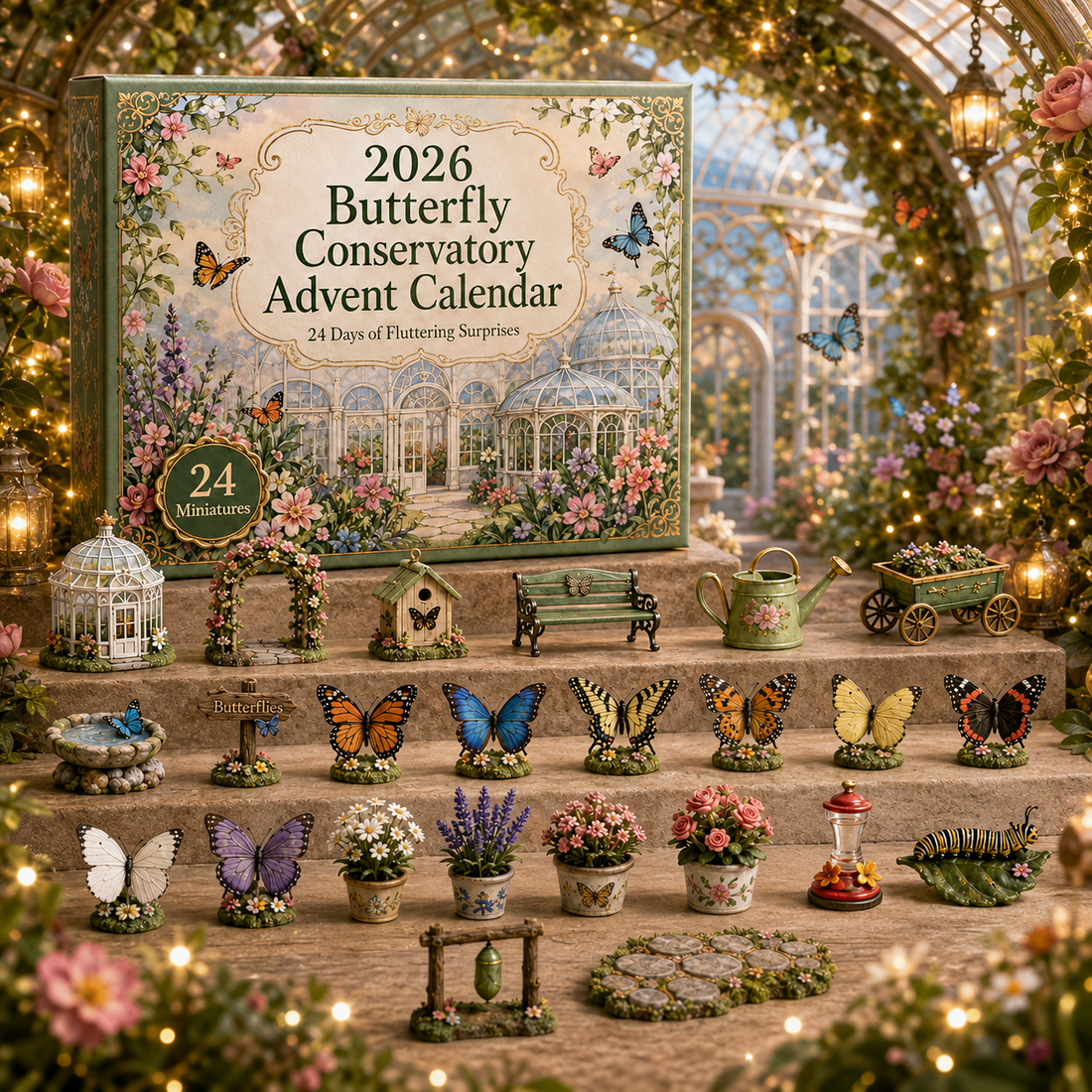 Butterfly Conservatory Advent Calendar displayed inside a glowing garden conservatory