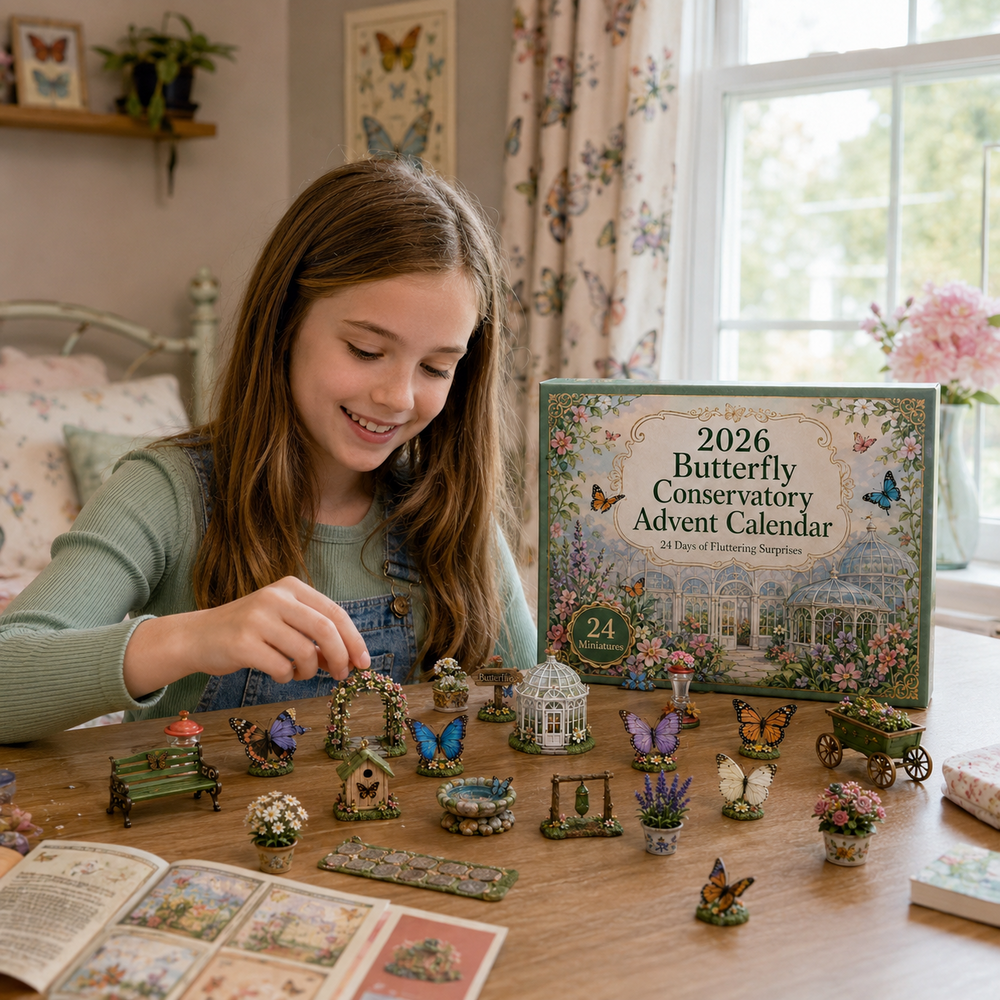 Girl playing with Butterfly Conservatory Advent Calendar miniature garden