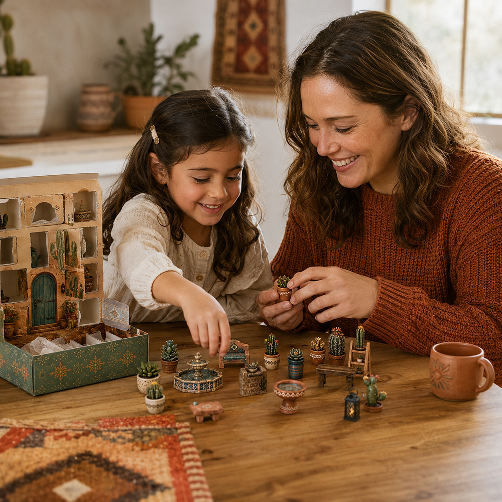 Mother and daughter enjoying Desert Courtyard Advent Calendar miniatures