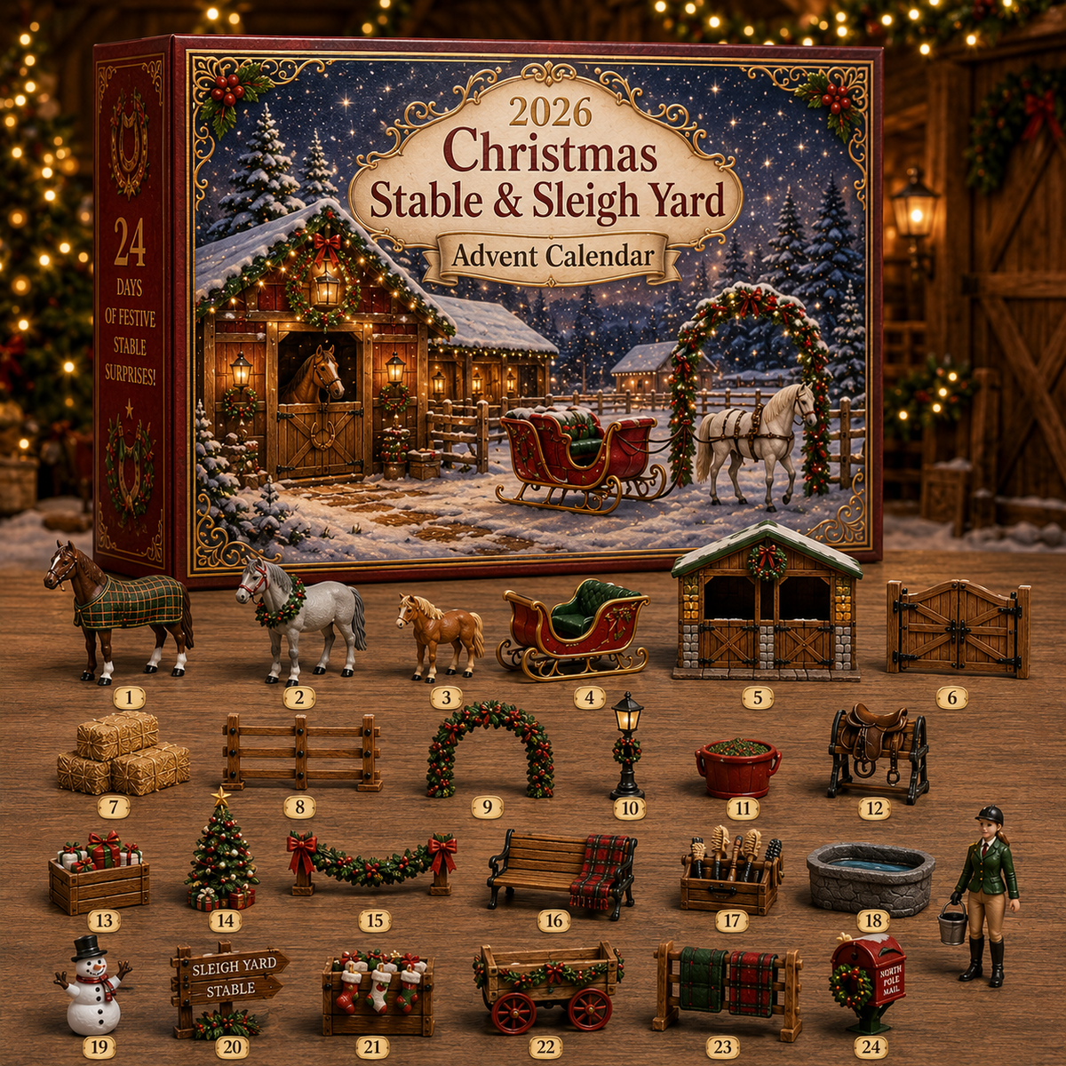 2026 Christmas Stable and Sleigh Yard Advent Calendar with 24 miniatures