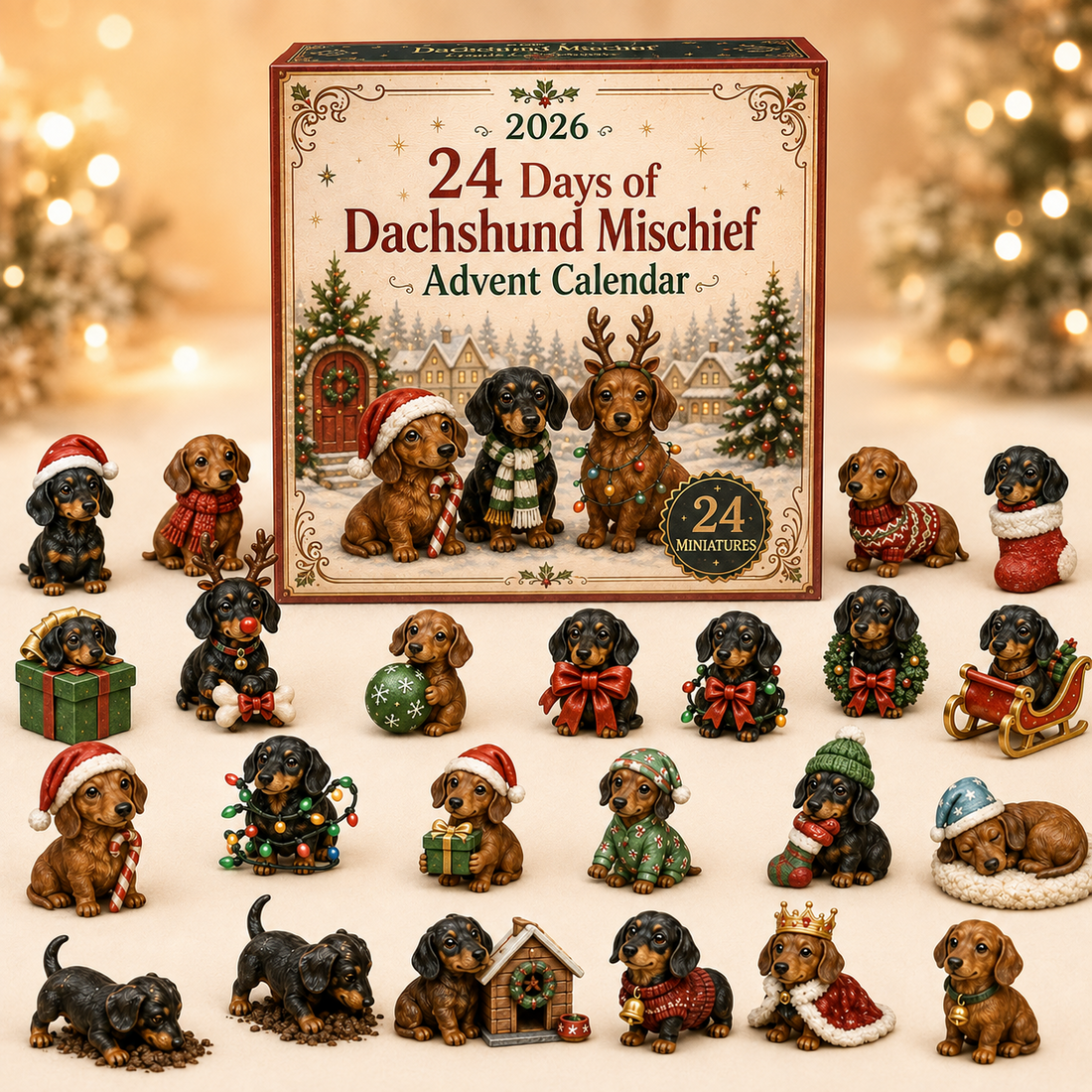 Dachshund Mischief Advent Calendar with different Christmas characters