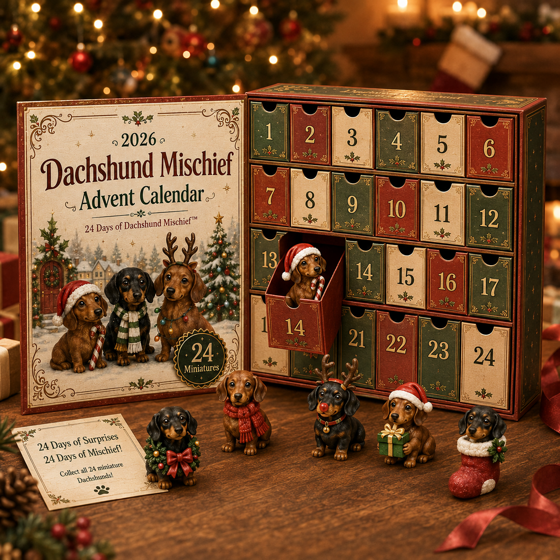 24 numbered drawers inside Dachshund Mischief Advent Calendar