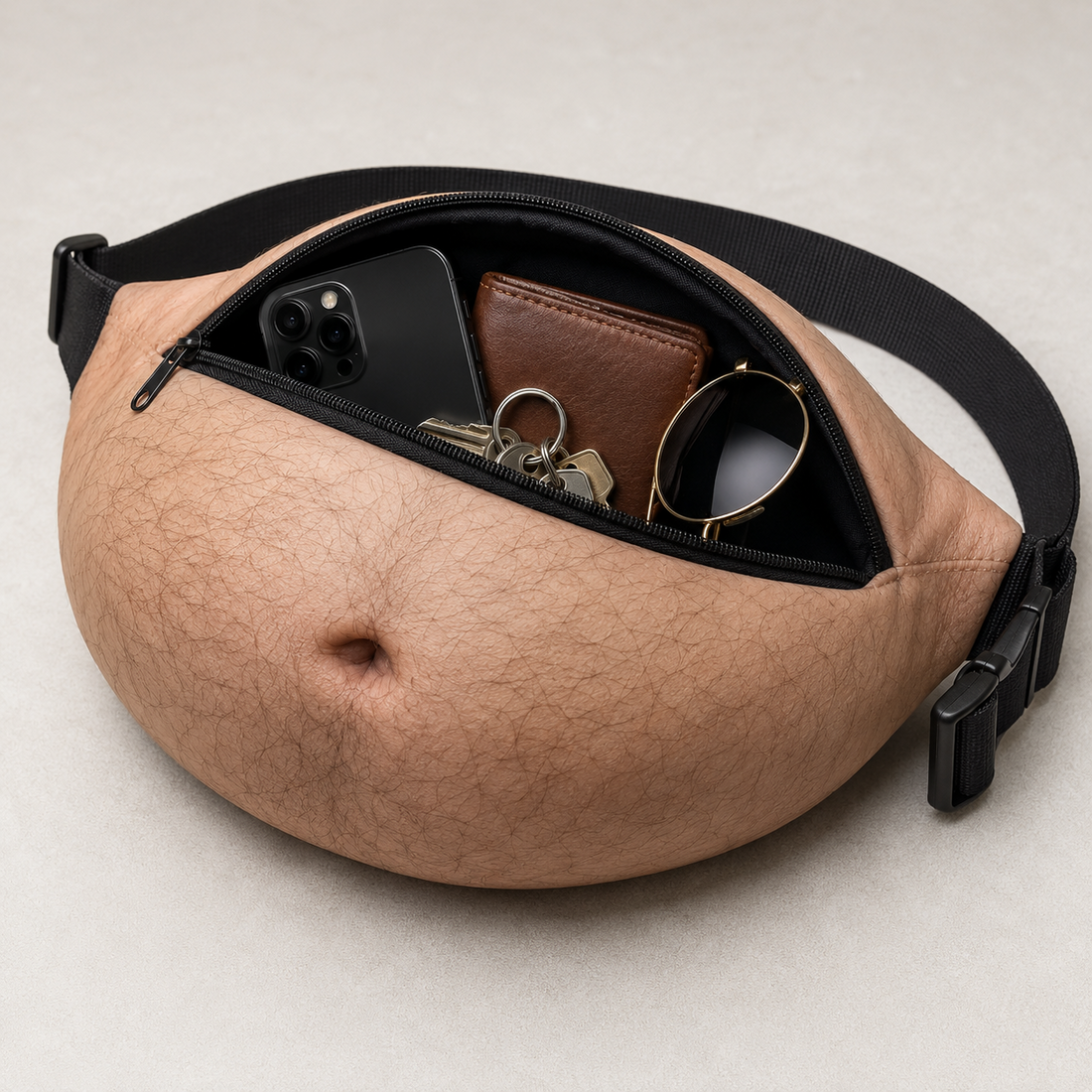Realistic belly waist bag opened with phone wallet keys and sunglasses inside