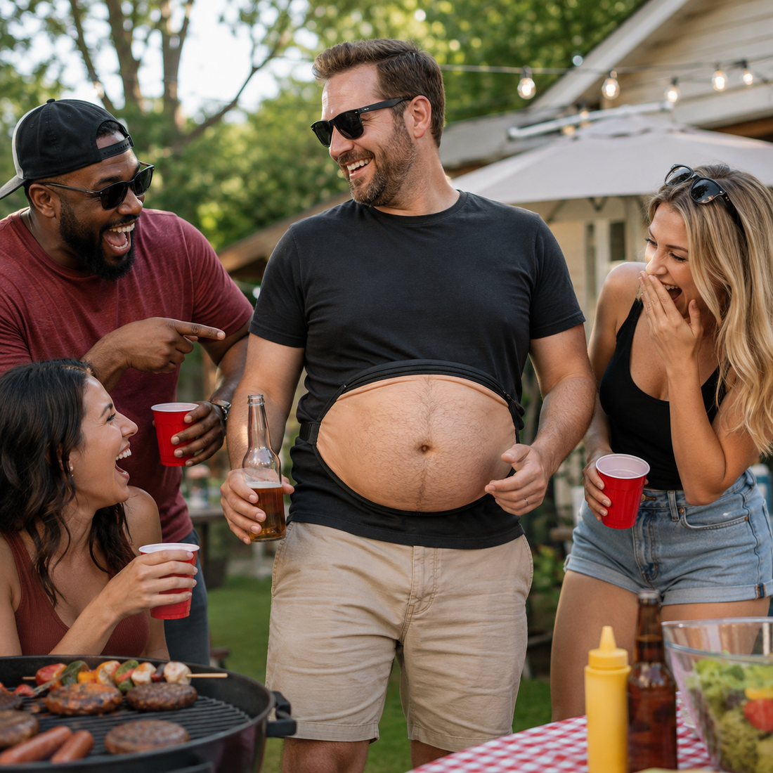 Friends laughing at realistic belly waist bag during backyard barbecue