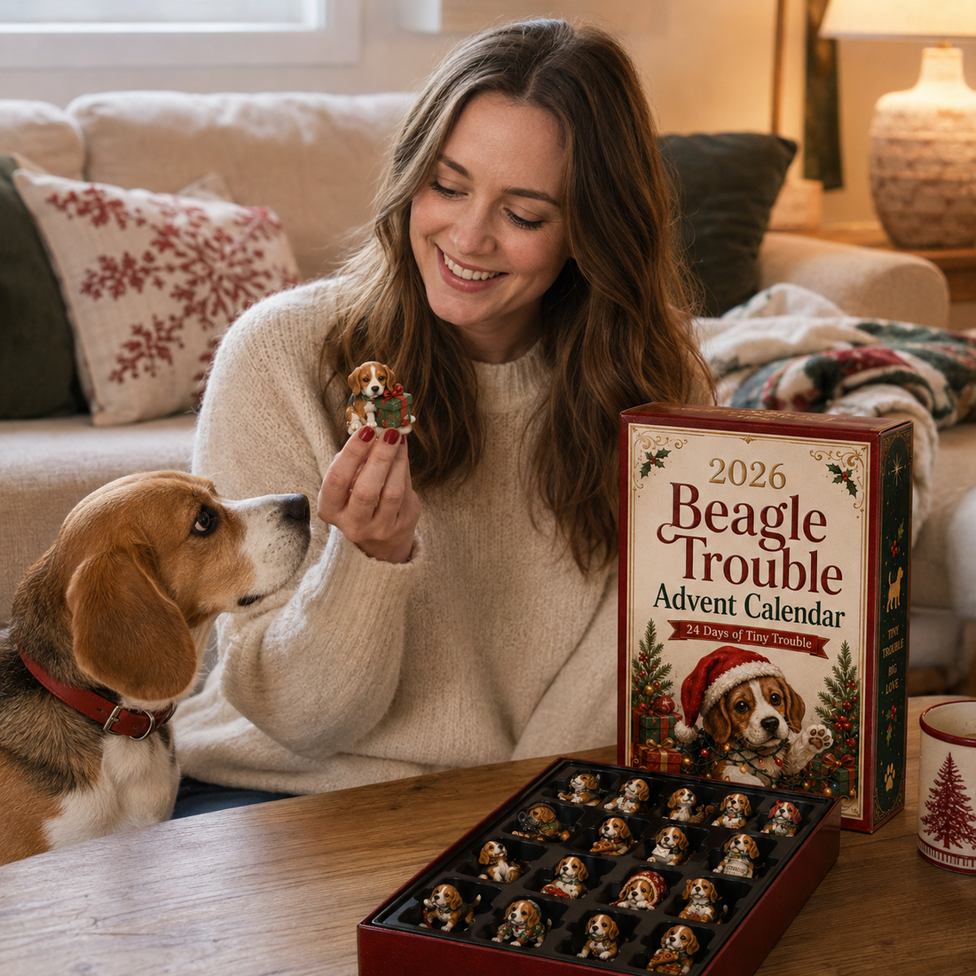 Beagle owner enjoying Beagle Trouble Advent Calendar with her real Beagle