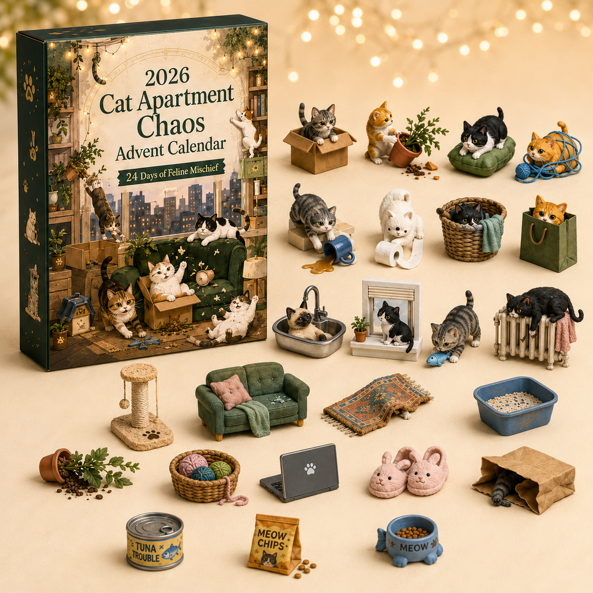 2026 Cat Apartment Chaos Advent Calendar with 24 cat-themed miniature surprises