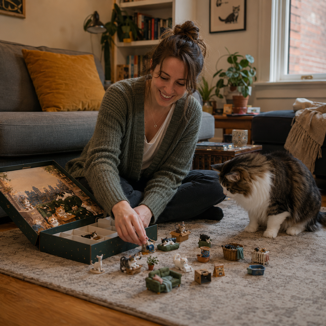 Cat owner opening Cat Apartment Chaos Advent Calendar with her cat