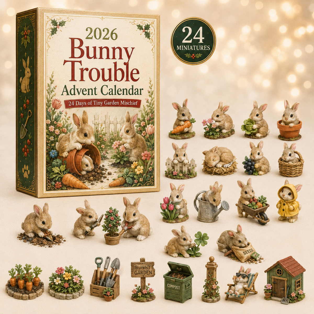 2026 Bunny Trouble Advent Calendar with 24 bunny and garden miniatures