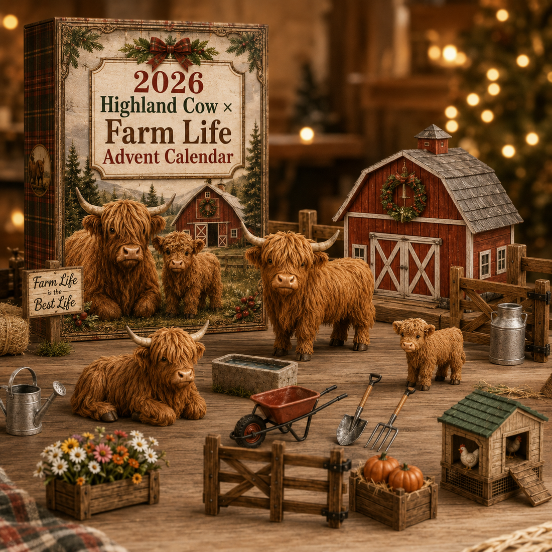 Complete miniature Highland Cow farmhouse display