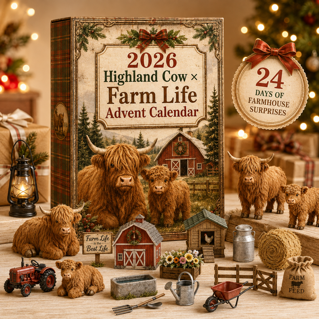 Highland Cow farmhouse themed holiday advent calendar gift