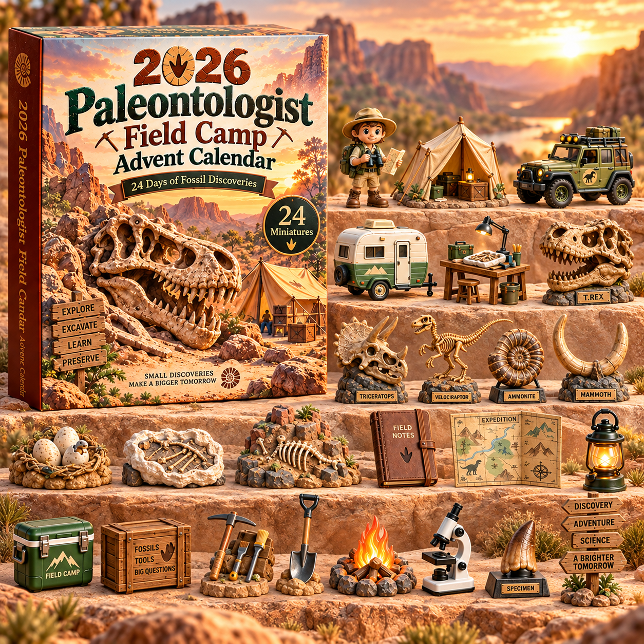 Paleontology field camp miniature collection in desert canyon
