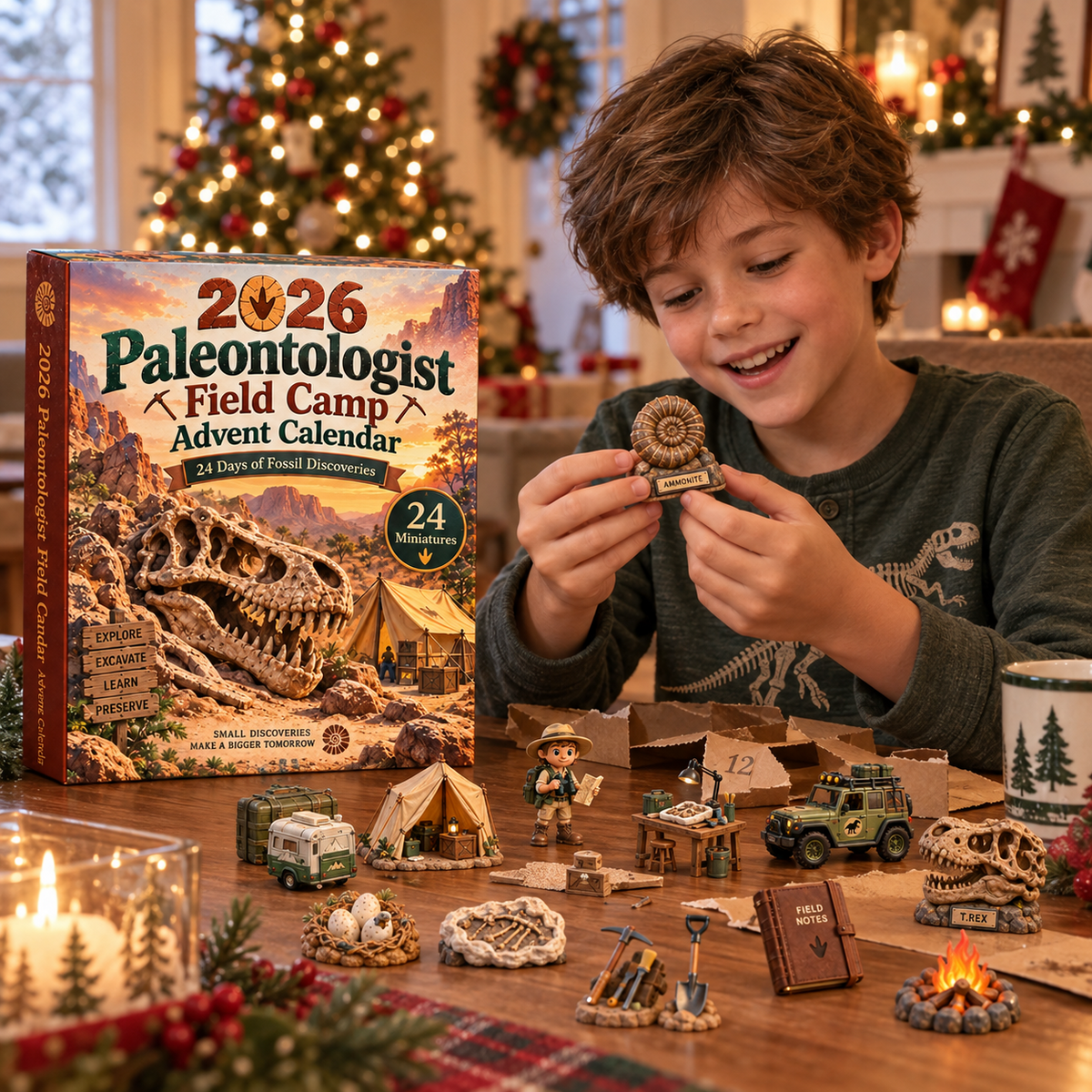 Child discovering ammonite miniature from Paleontologist Advent Calendar