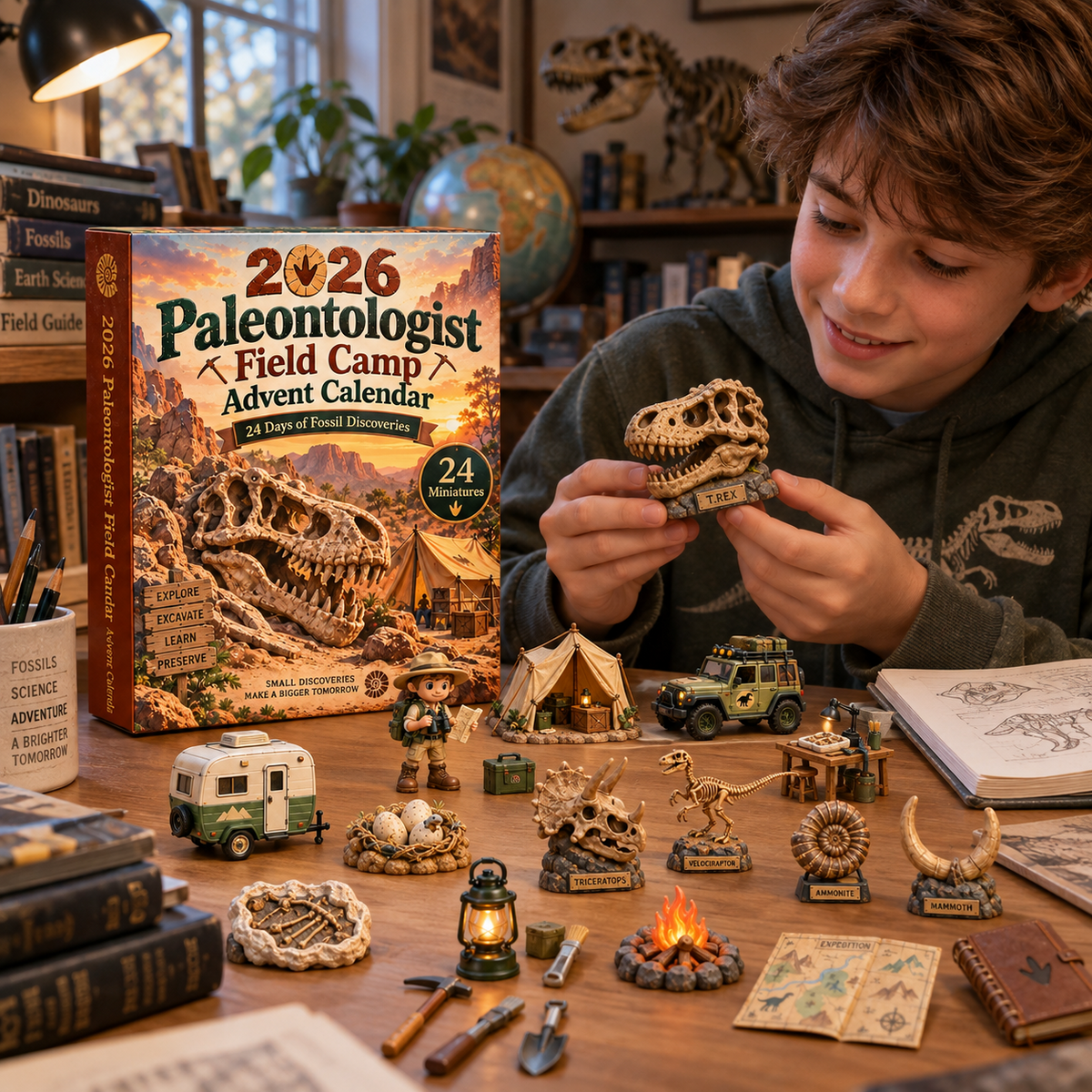 Young dinosaur fan examining T Rex fossil miniature