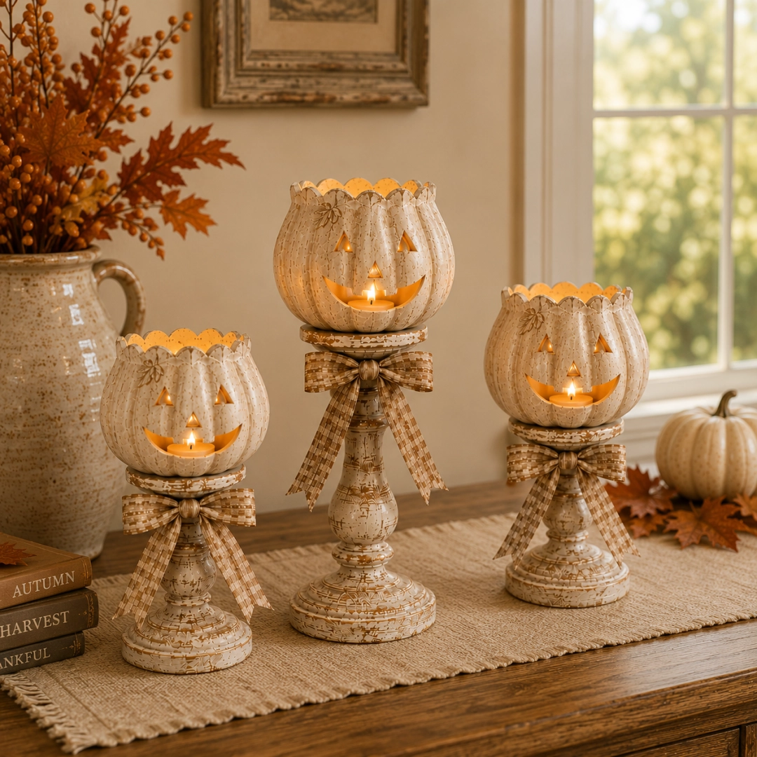 Three coordinated white pumpkin pedestal candle holders