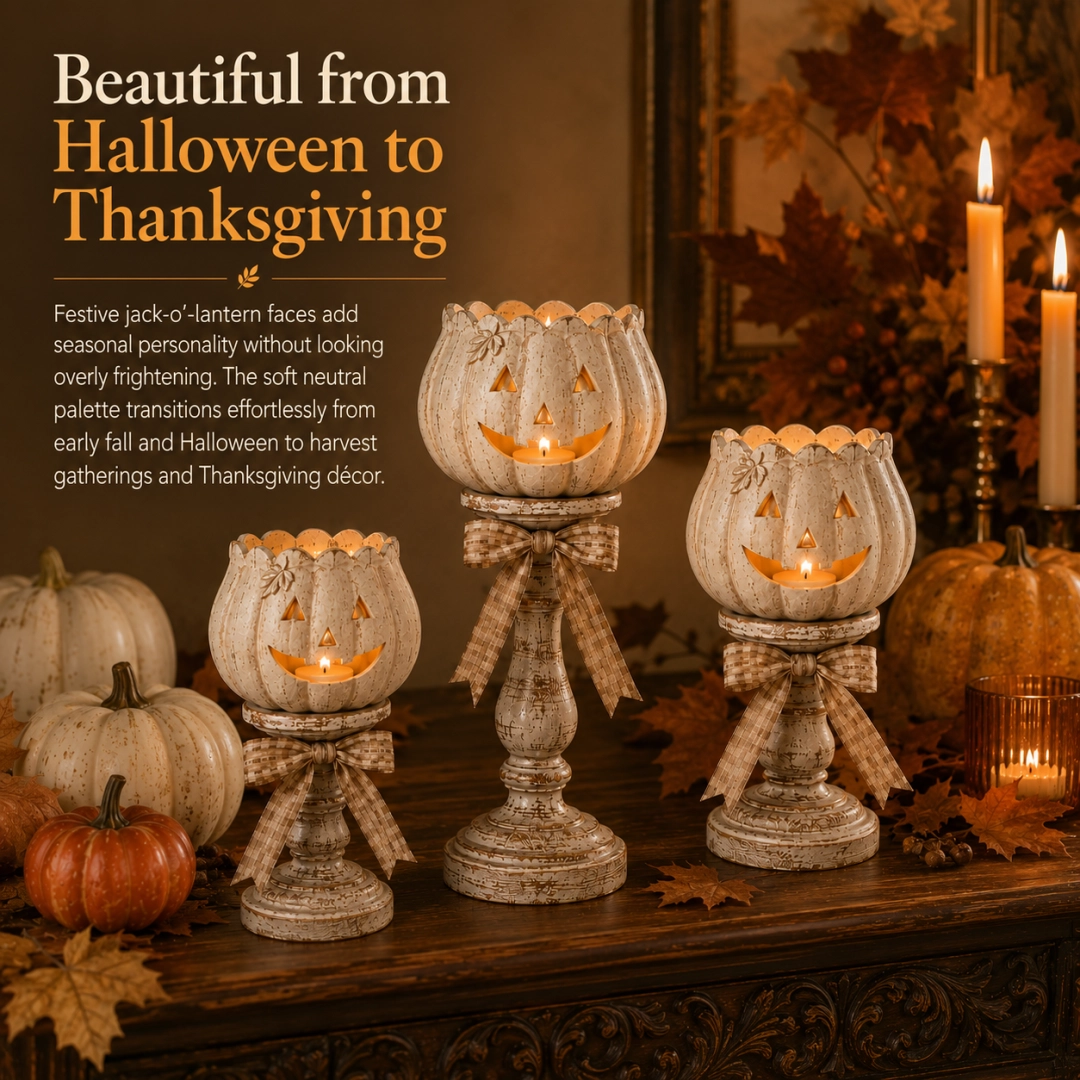 White pumpkin candle holders styled from Halloween to Thanksgiving