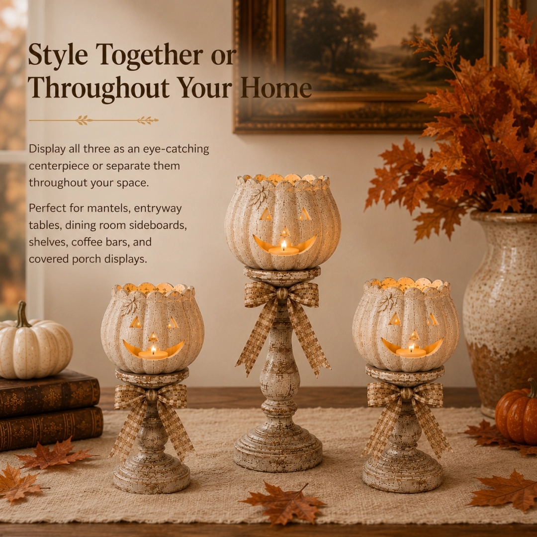 Three white pumpkin pedestal tealight holders styled in a farmhouse home