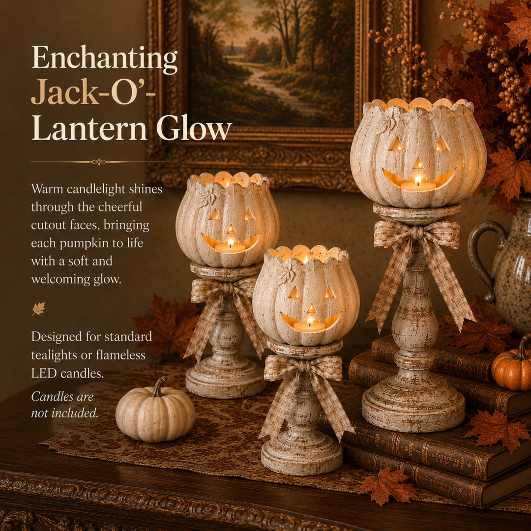White pumpkin candle holders glowing in an elegant autumn room