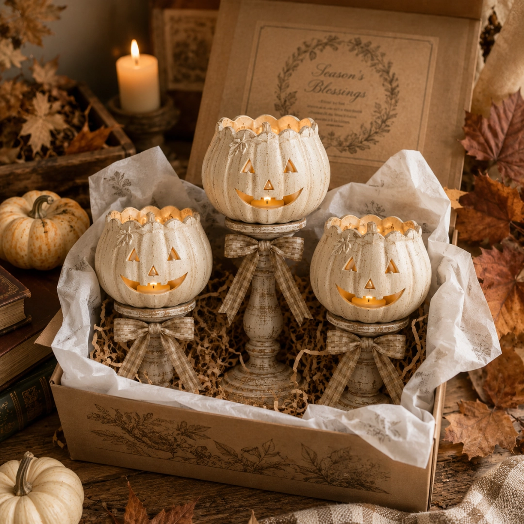 Set of three white pumpkin tealight holders packaged as an autumn gift