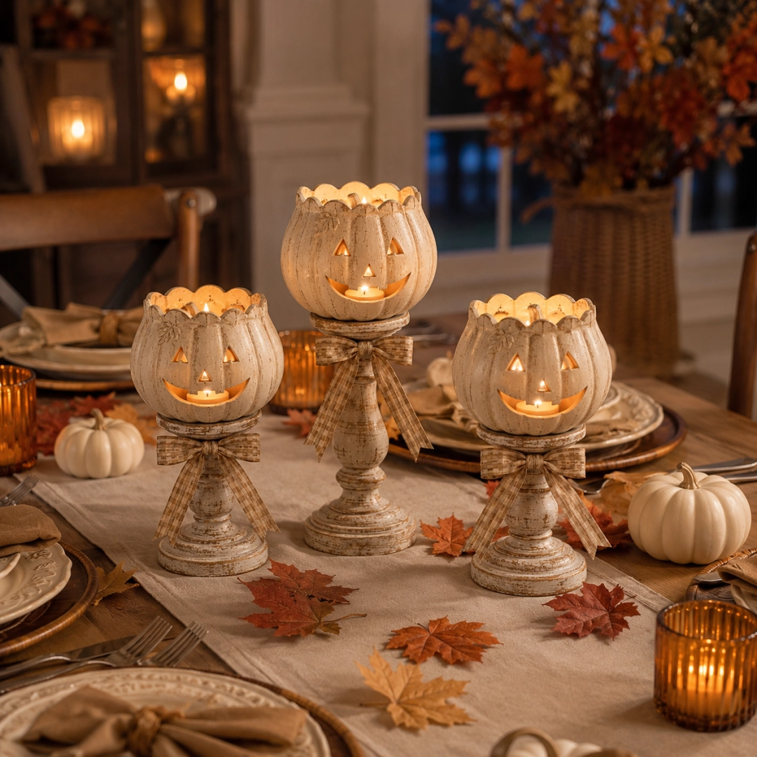 White pumpkin pedestal holders displayed on autumn dining table