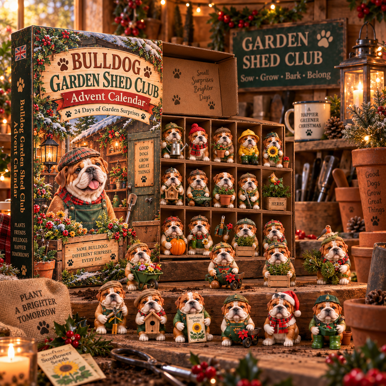 Bulldog Garden Shed Club Advent Calendar open with miniature compartments