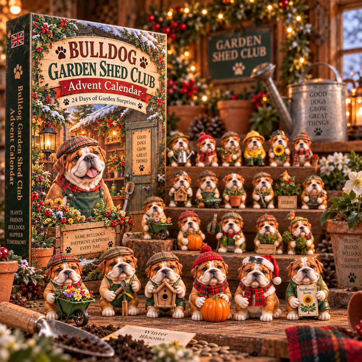 Different English Bulldog garden characters from the Advent Calendar