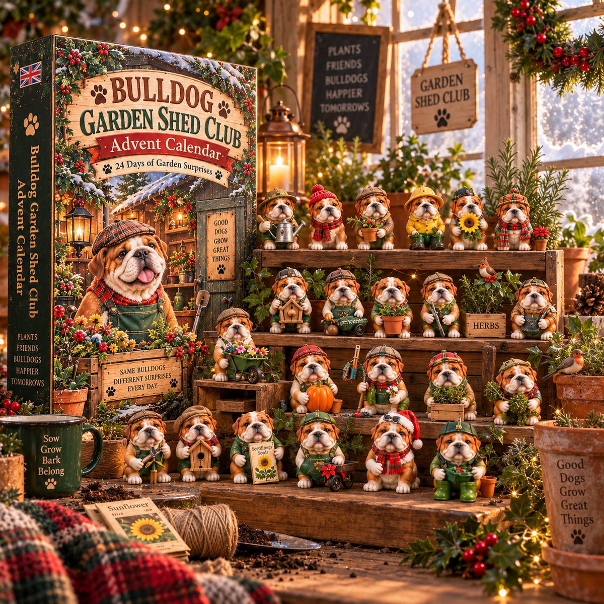Bulldog Garden Shed Club in a cozy winter garden shed