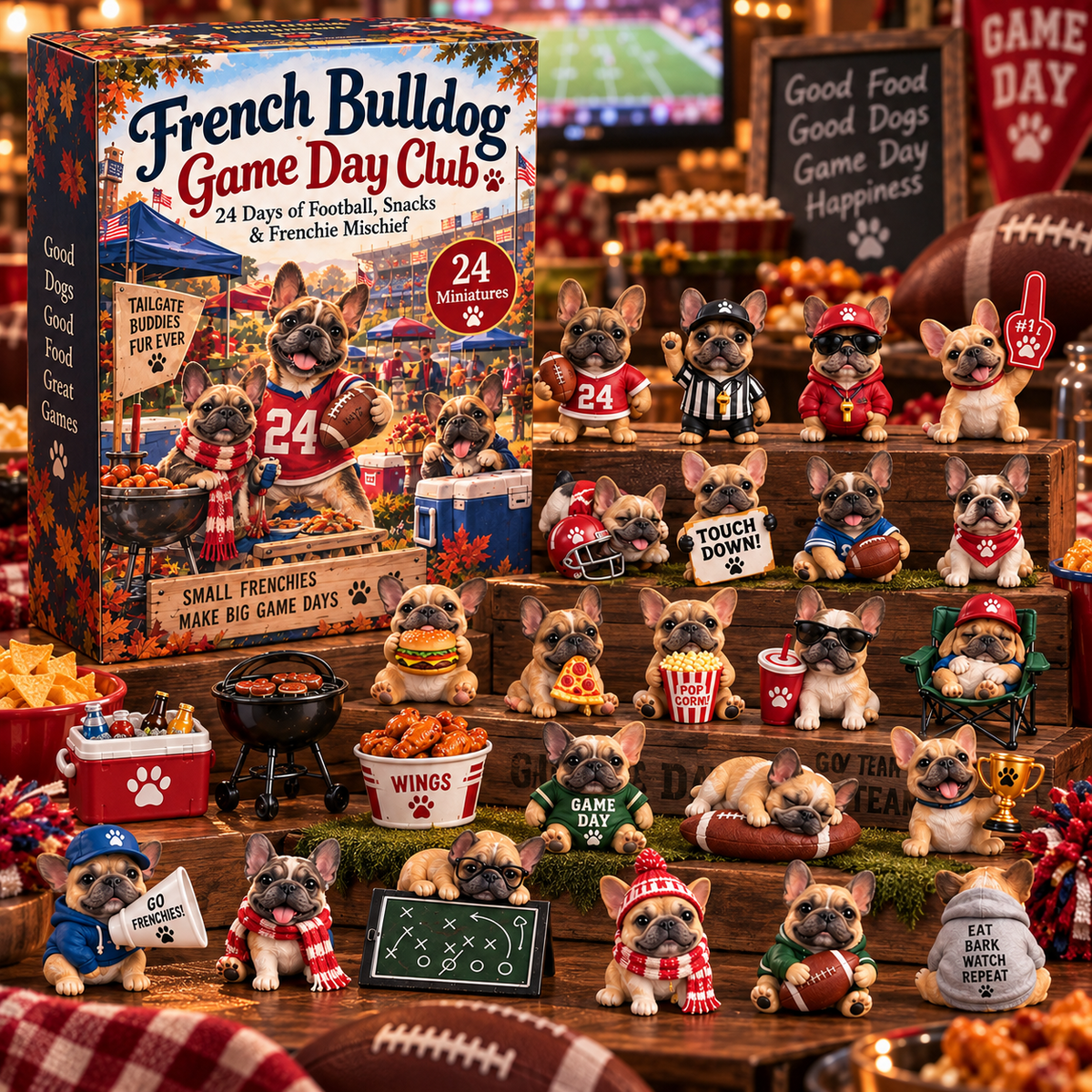 French Bulldogs with football food and game day accessories