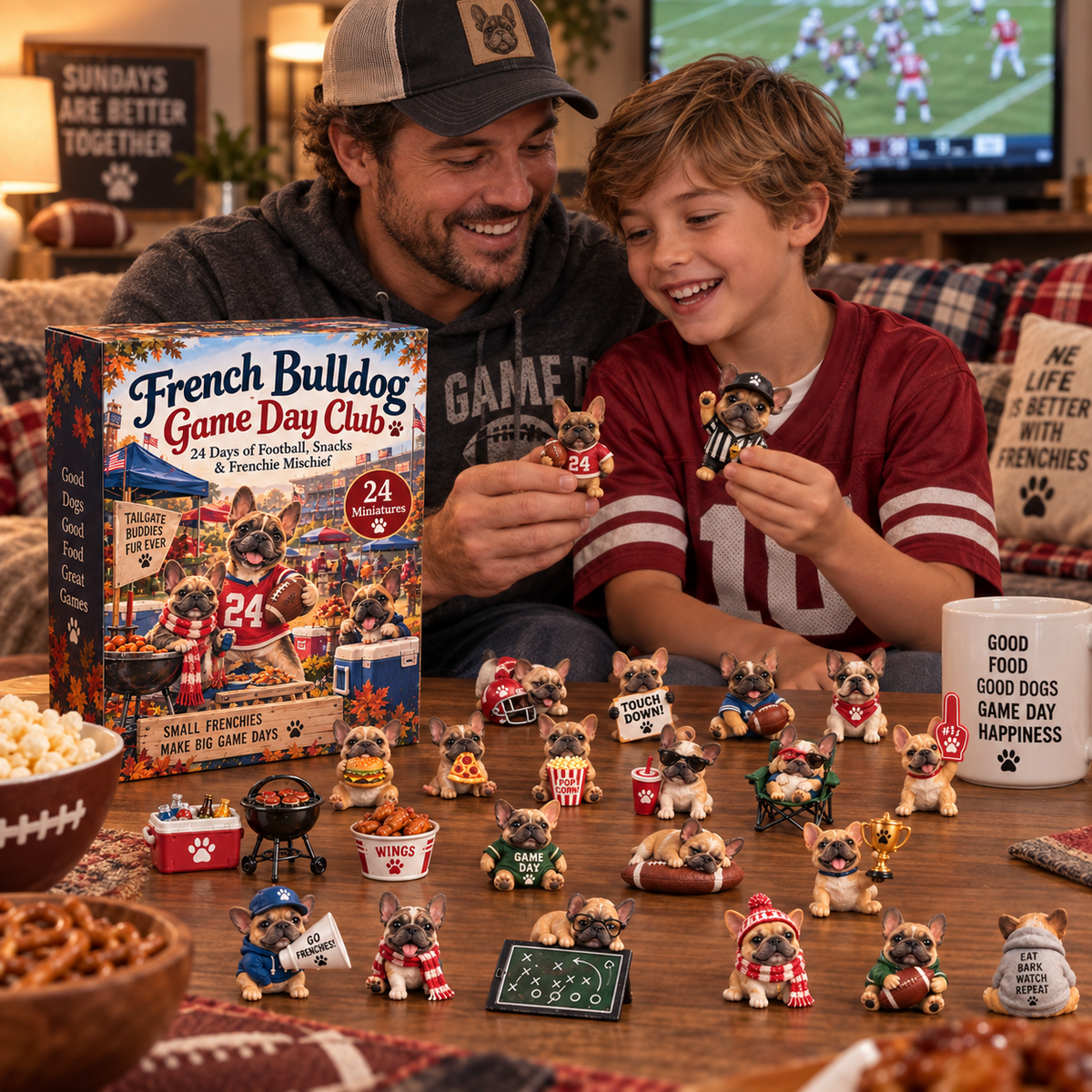 Father and child enjoying French Bulldog football miniatures